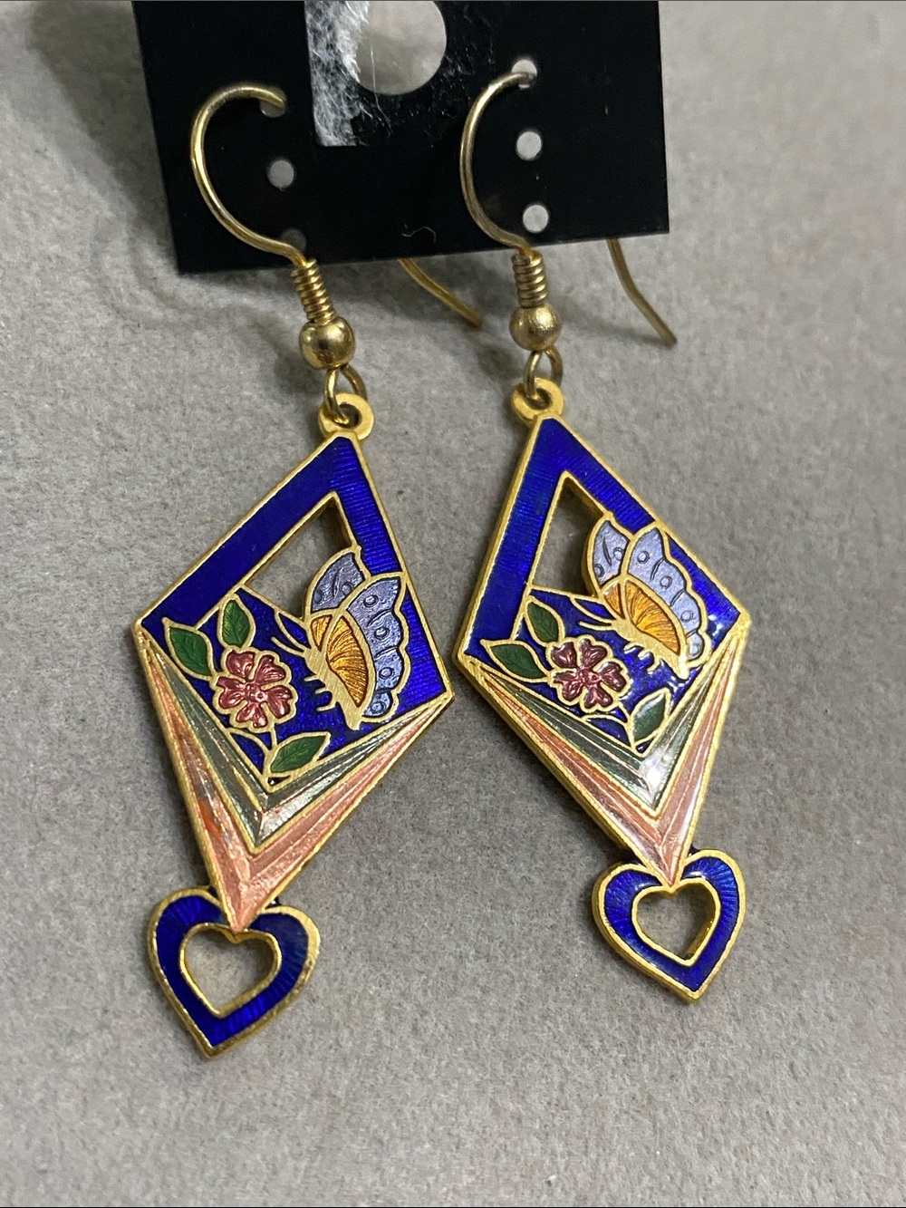 Cloisonné Blue Enamel Butterfly Heart Drop Earrings